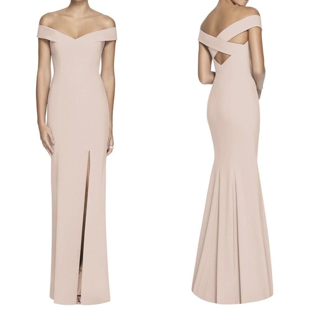 Dessy Collection Off-the-Shoulder Blush Maxi Gown